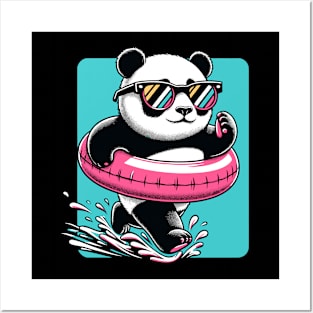 Pool Party Panda in Sunglasses on a Pink Float Funny Pool Panda Posters and Art
